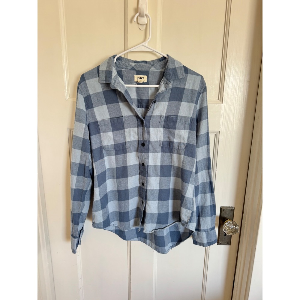 Pact blue organic cotton plaid button front top size small